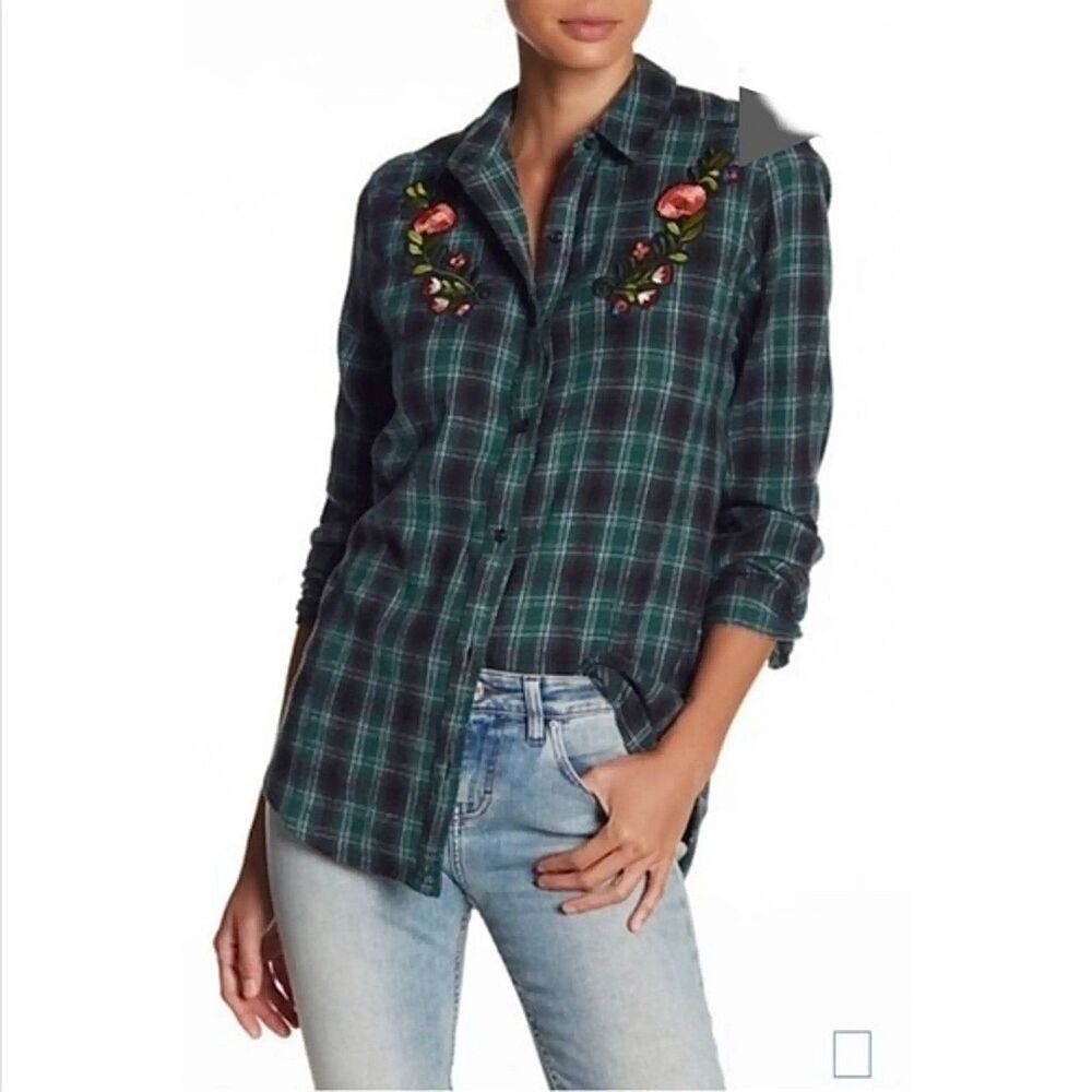 Green Plaid Floral Embroidered Button Up Shirt Womens L Cotton Blend Cottagecore